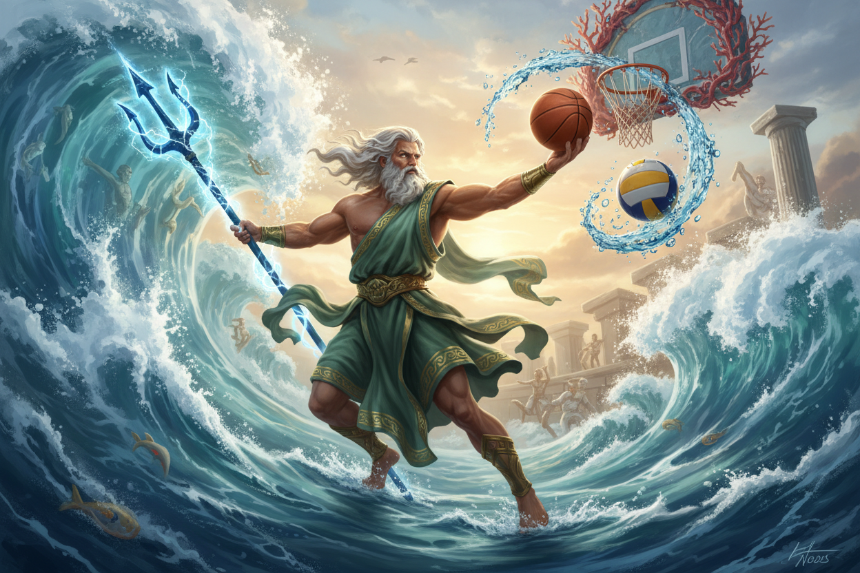 poseidon, trident, basketball, volleyball